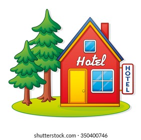 Red hotel building and spruce trees.