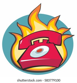 Red Hotline Phone with Flames Behind - cartoon