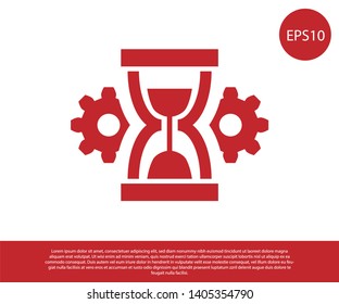 Red Hourglass and gear icon isolated on white background. Time Management symbol. Clock and gear icon. Productivity symbol. Vector Illustration