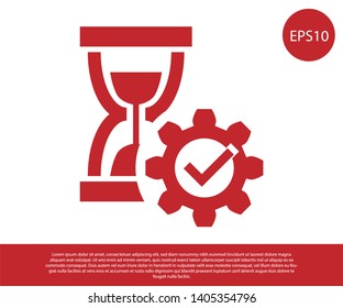 Red Hourglass and gear icon isolated on white background. Time Management symbol. Clock and gear icon. Productivity symbol. Vector Illustration