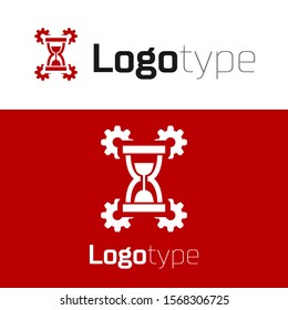 Red Hourglass and gear icon isolated on white background. Time Management symbol. Clock and gear icon. Productivity symbol. Logo design template element. Vector Illustration