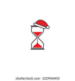 Red Hourglass, Sand watch with Santa hat and white sand or snow. Vector flat holiday icon. Old vintage timer  icon on white background. Christmas, new year deadline, time flow, countdown concept. 