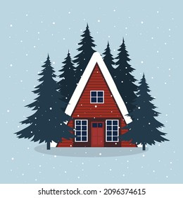 Red House among the Christmas trees. Vector illustration