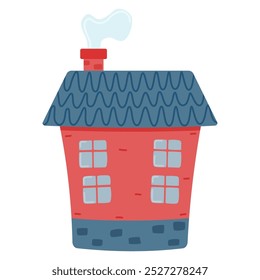 Red house with a blue roof and a chimney. Front view. The children's house on a white background. Vector illustration in a flat style.