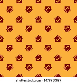 Red House with check mark icon isolated seamless pattern on brown background. Real estate agency or cottage town elite class.  Vector Illustration