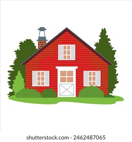 A red house with a chimney among trees, shrubs and a flower garden. A summer scene with a cottage in the middle of a blooming garden. Vector illustration.