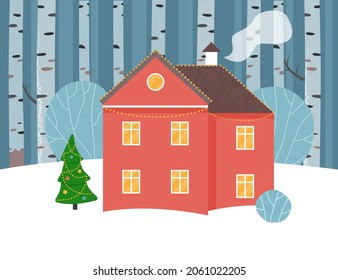 Red house with christmas tree in a birch forest. Cottage in the winter snowy forest. Vector flat illustration.