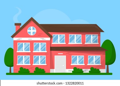 Red house with dark roof and trees around. City cottage building. Modern apartment. Urban architecture. Isolated flat vector illustration