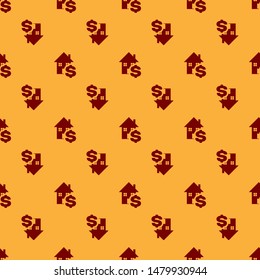 Red House with dollar symbol icon isolated seamless pattern on brown background. Home and money. Real estate concept.  Vector Illustration