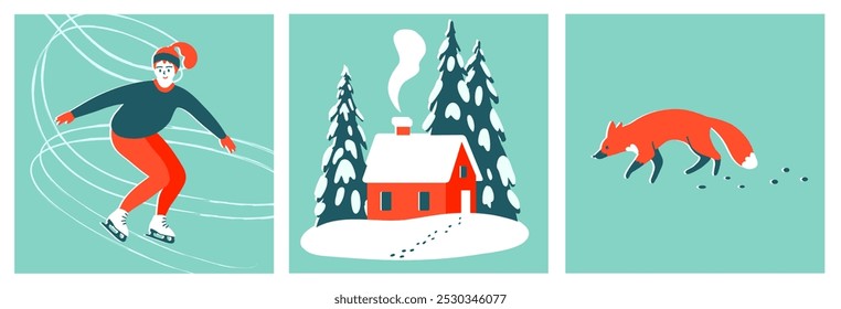 Red house, figure skater, fox. Hand drawn modern Vector illustration. Isolated design elements. Winter vacation. Linocut trendy style