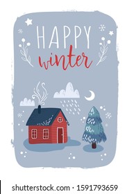 Red house with fir in the winter forest at night. Blue card on a white background. Happy winter holidays