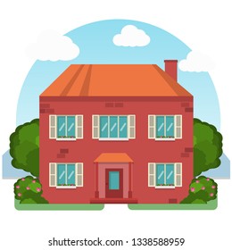 Red house in flat style. Around house green landscape.