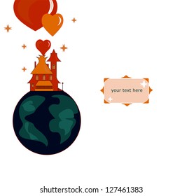 Red house with flying hearts coming out of its chimney standing on a small planet. Greeting/valentine's/housewarming/ invitation card template.
