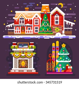 Red house and green Christmas tree. Winter landscape. Christmas tree with presents and fireplace. New year time. Vector flat illustrations