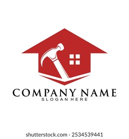 Red house with hammer logo design vector