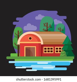 red house hangar on a background of purple sky with bushes grass, trees and a river, black background, for games, vector illustration,