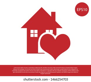 Red House with heart shape icon isolated on white background. Love home symbol. Family, real estate and realty.  Vector Illustration