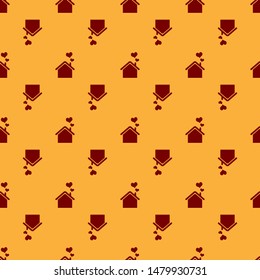 Red House with heart shape icon isolated seamless pattern on brown background. Love home symbol. Family, real estate and realty.  Vector Illustration