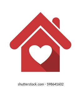 Red house icon with heart isolated on white background. House of love icon with long shadow