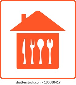 red house icon with kitchen table cutlery