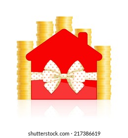 Red house icon, knotted by ribbon with bow, and columns of gold coins behind