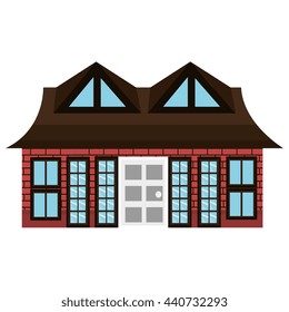 red house icon with white and grey door and brown roof front view over isolated background,vector illustration