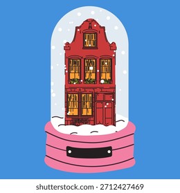 Red House Inside Snow Globe mit fallenden Schneeflocken