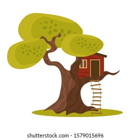 Red house on green tree with hanging ladder vector illustration