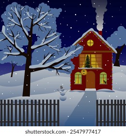 red house on hill with christmas tree in lighted window near tree and snowman in snow on winter night in snowfall