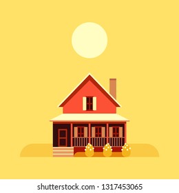 Red house on a yellow background under the sun