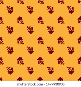 Red House with percant discount tag icon isolated seamless pattern on brown background. House percentage sign price. Real estate home. Credit percentage symbol.  Vector Illustration