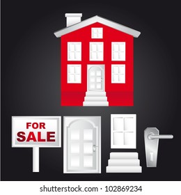 red house with for sale sign and door over black background. vector