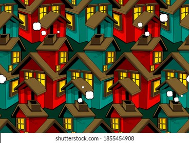 red house seamless pattern and red background.