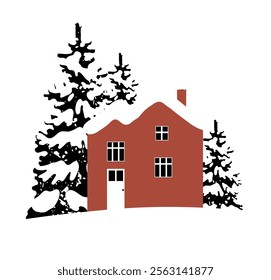 Red house in the snow. Beautiful house in a snowy spruce forest. Christmas and New Year greeting card and poster template design. Vector Illustration