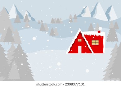 Red house in snow hill background.