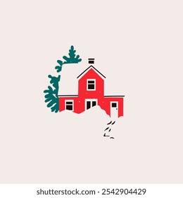 Red House in snow and trees. Scandinavian style home. Hand drawn trendy Vector illustration. Isolated design element. Building, sweet home, real estate, greeting card, winter concept