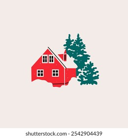 Red House in snow and trees. Scandinavian style home. Hand drawn trendy Vector illustration. Isolated design element. Building, sweet home, real estate, greeting card, winter concept