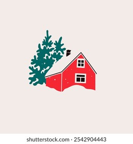 Red House in snow and trees. Scandinavian style home. Hand drawn trendy Vector illustration. Isolated design element. Building, sweet home, real estate, greeting card, winter concept