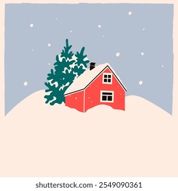 Red House in snow and trees. Scandinavian style home. Hand drawn trendy Vector illustration. Isolated design element. Building, sweet home, real estate, greeting card, winter, christmas concept