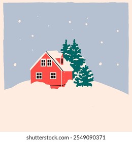 Red House in snow and trees. Scandinavian style home. Hand drawn trendy Vector illustration. Isolated design element. Building, sweet home, real estate, greeting card, winter, christmas concept