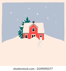 Red House in snow and trees. Scandinavian style home. Hand drawn trendy Vector illustration. Isolated design element. Building, sweet home, real estate, greeting card, winter, christmas concept