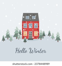 Red house and snowfall. Hello winter greeting card. Flat vector illustration.