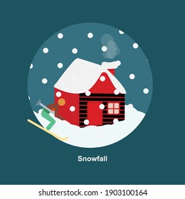 Red house with snowfall on blue sky and a person skiing in snow flat concept design