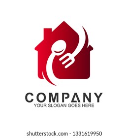 red house with spoon fork logo, food and cooking vector, restaurant logo, home kitchen