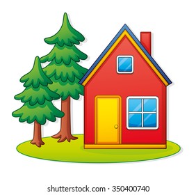 Red house and spruce trees.