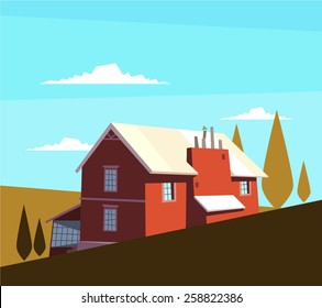 Red house in summer sunshine. Vector illustration.