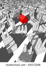 red house surrounded by many factories