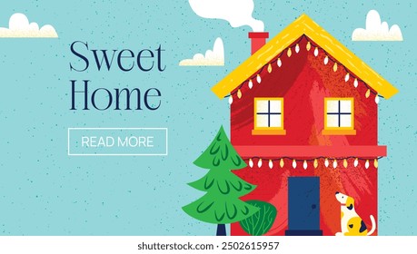 Red House Sweet Home Banner. Vector Flat Style Illustration of Christmas Home with Dog. Website Promotional Concept with Web Button.