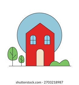 A red house with trees and a blue circle