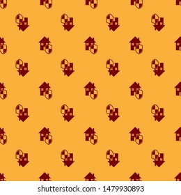 Red House under protection icon isolated seamless pattern on brown background. Home and shield. Protection, safety, security, protect, defense concept.  Vector Illustration